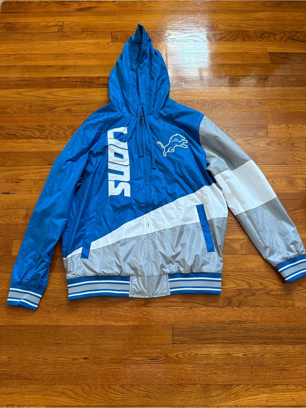 NFL Detroit Lions Blue, White & Gray Hooded Rain Jacket